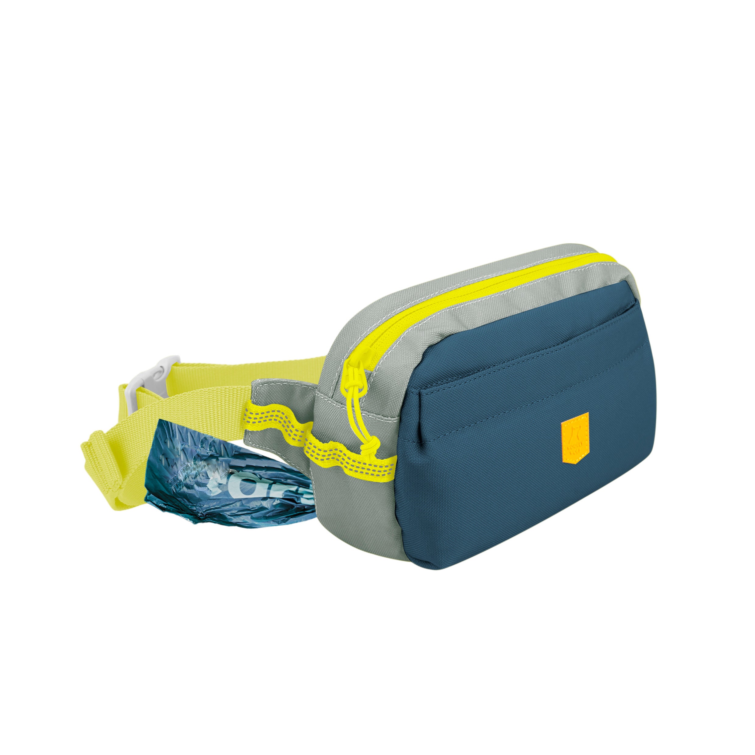 Blue and gray fanny pack with yellow zipper and accents, featuring a mesh pocket holding a water bottle.