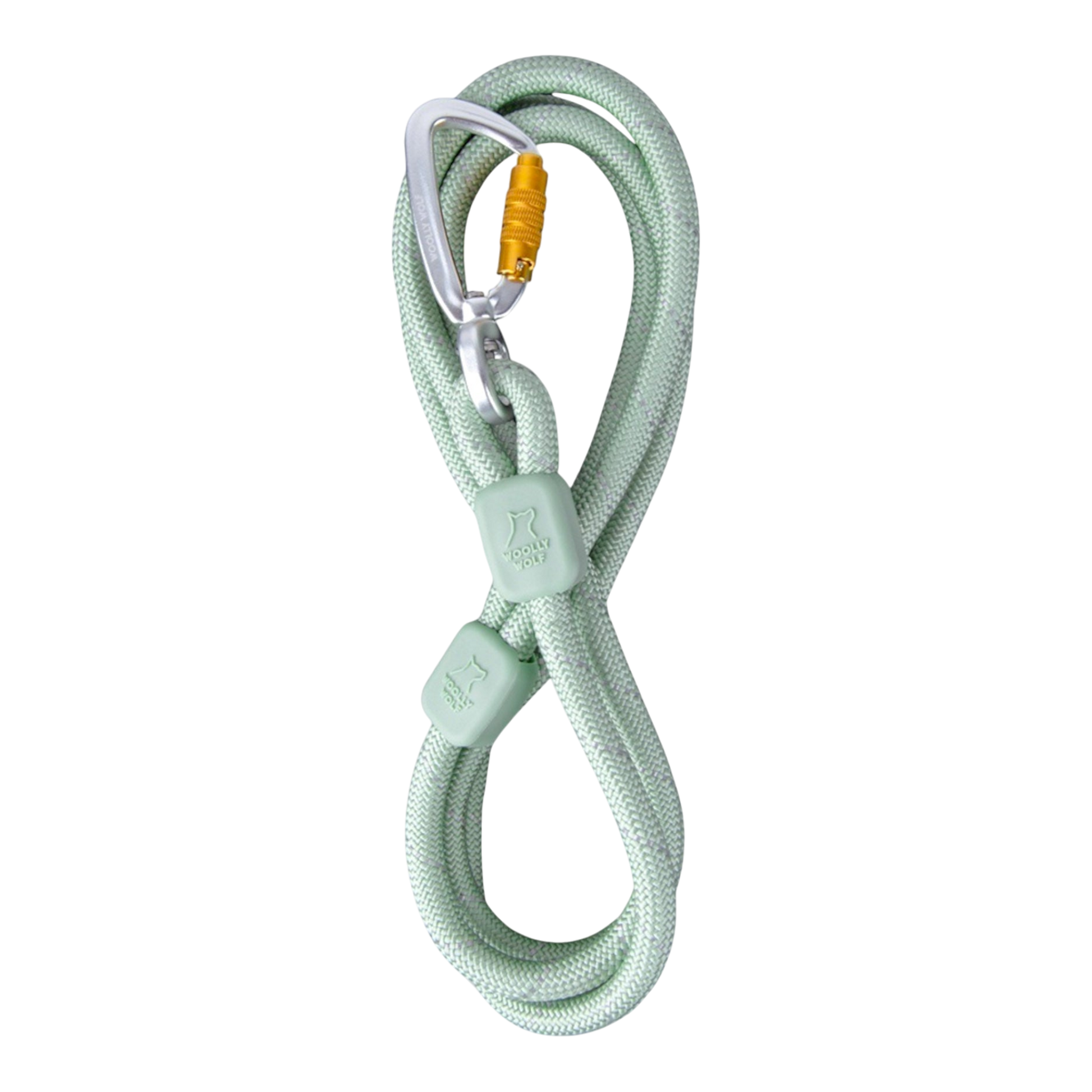 A coiled mint green climbing rope with a locking carabiner attached at the top.