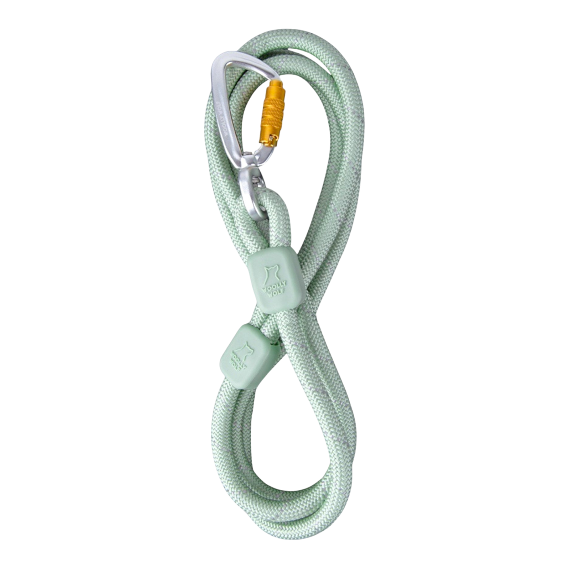 A coiled mint green climbing rope with a locking carabiner attached at the top.