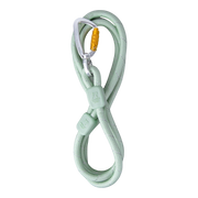 A mint green climbing rope looped in a figure-eight with a silver carabiner attached.