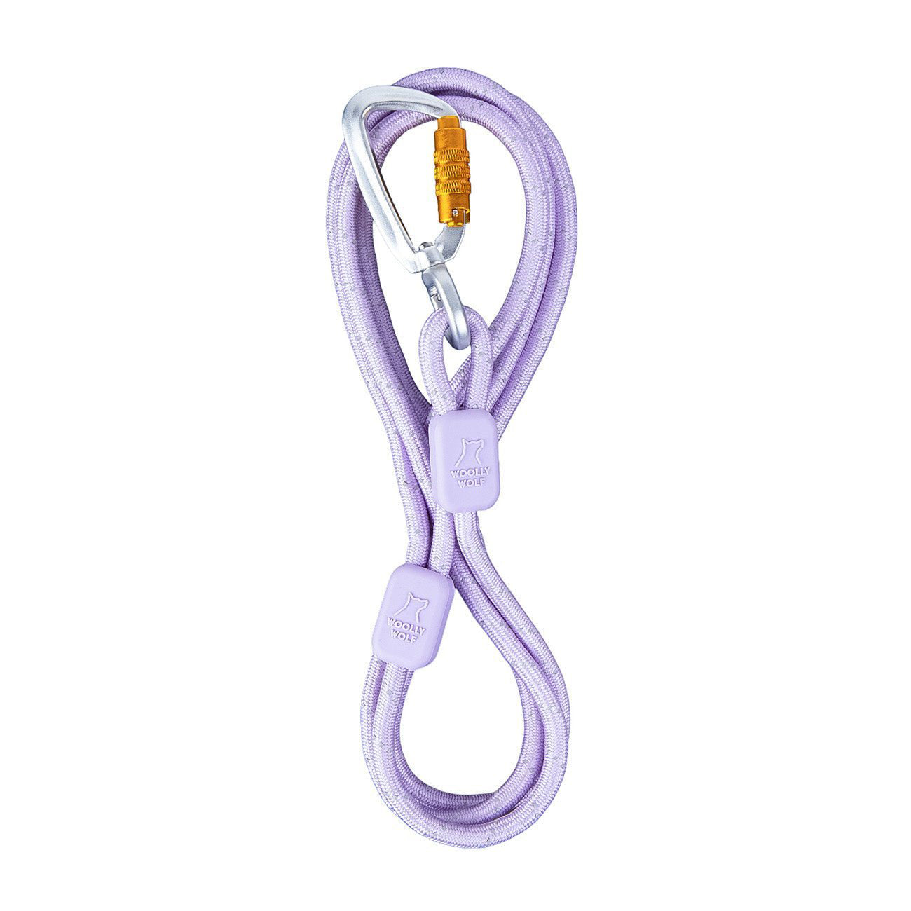 The Rope Dog Leash Thin is a light purple rope leash with a silver carabiner and orange lock, featuring two lavender tags with a dog logo and WOOF WOOF.