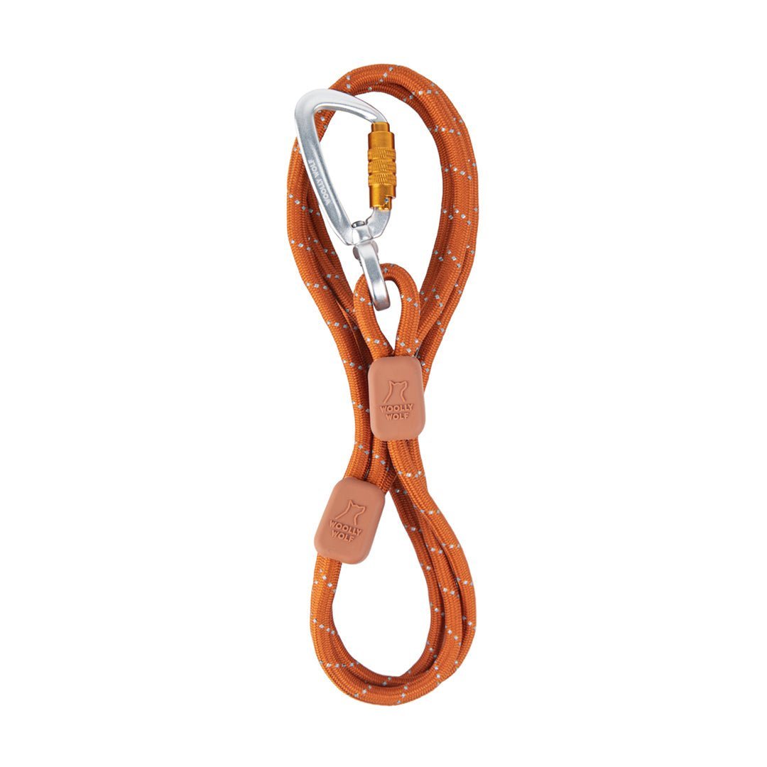 The Rope Dog Leash Thin Terracotta is an orange leash with reflective stitching, two brown rubber stoppers, and a silver locking carabiner on one end.