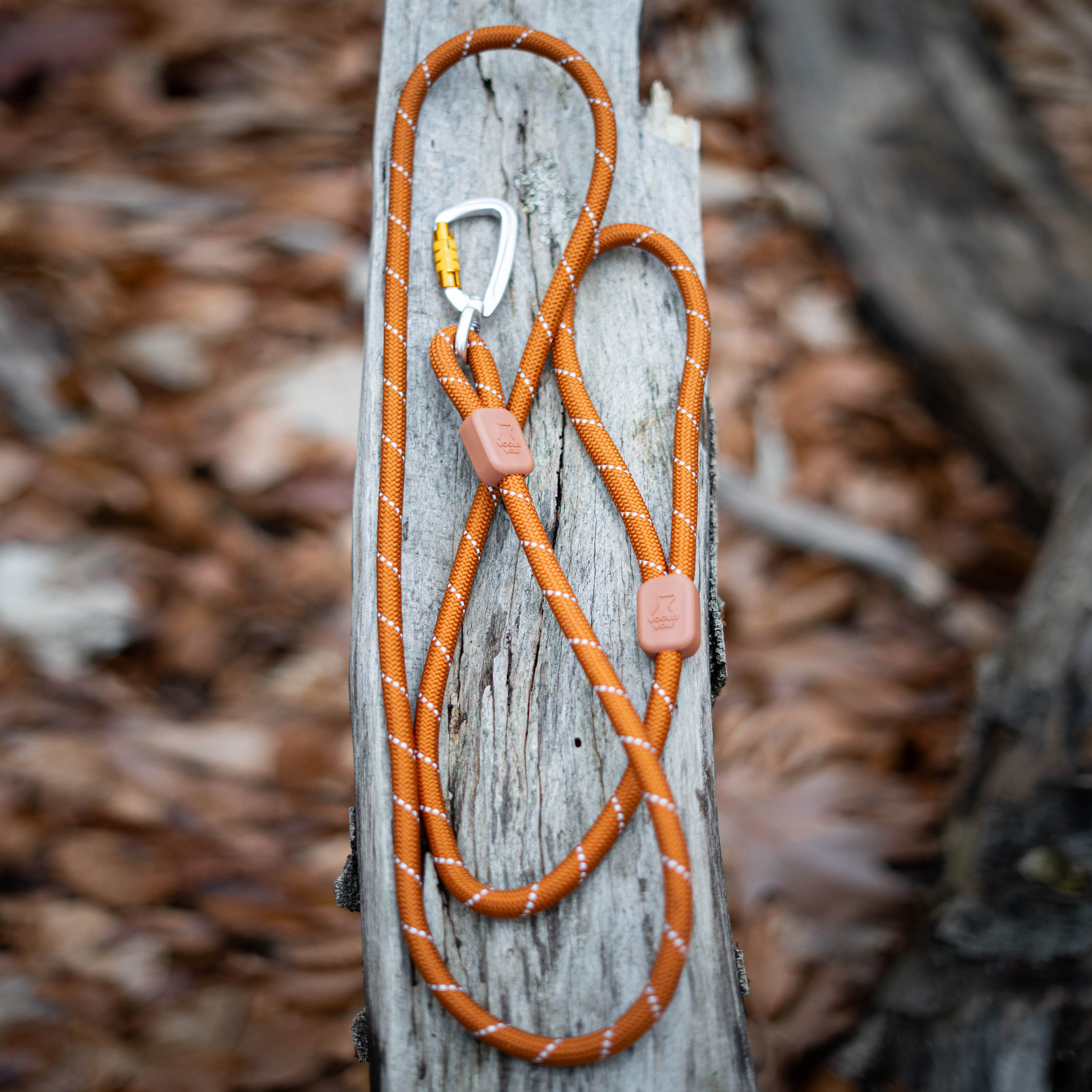 An orange rope-style dog leash with a metal clip, placed on a weathered wooden log outdoors.