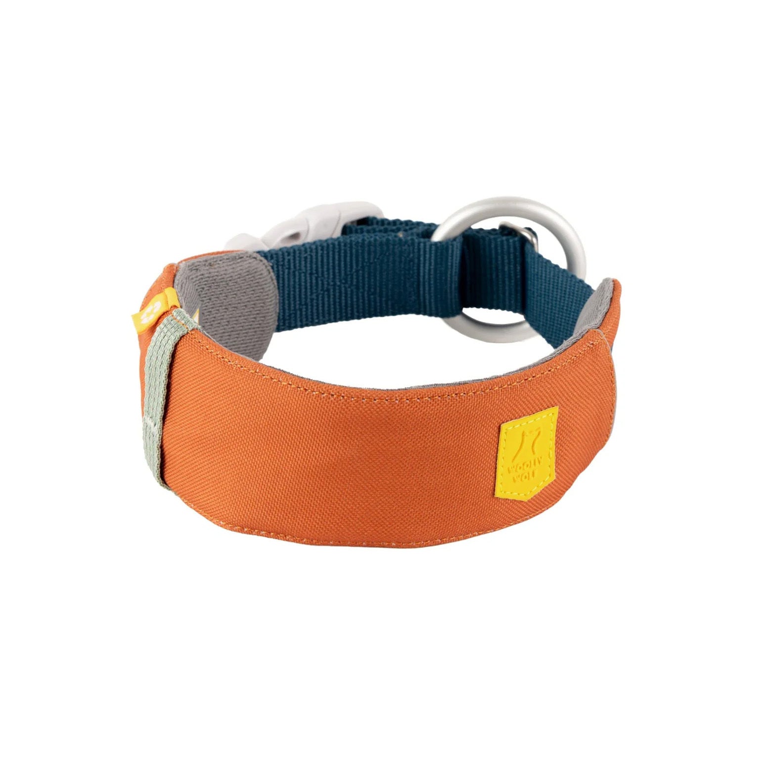Orange and blue dog collar with a large metal ring and a yellow brand tag on the side.